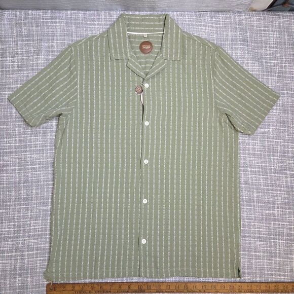 NWT COMMON PEOPLE Harris Shirt Linen Blend SS Sage Green Stripe Mens S MSRP $179 - Picture 9 of 13